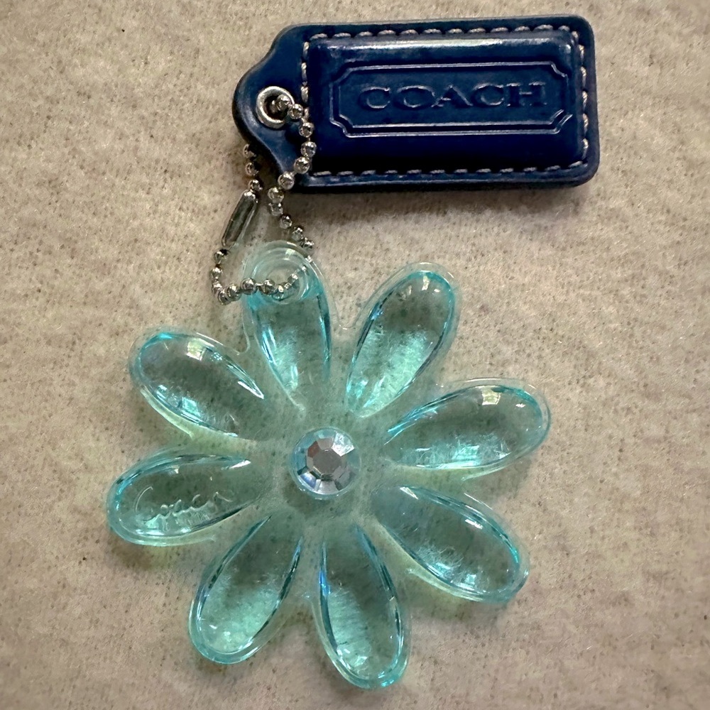 Coach Clear Blue Poppy Flower Bag Charm With Blue Patent Leather Coach Hangtag